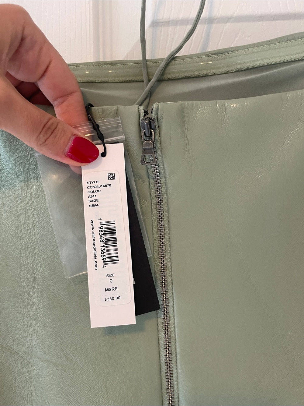 Alice + Olivia Vegan Leather Sage Green Strapless Midi Dress with Choker - Picture 11 of 12